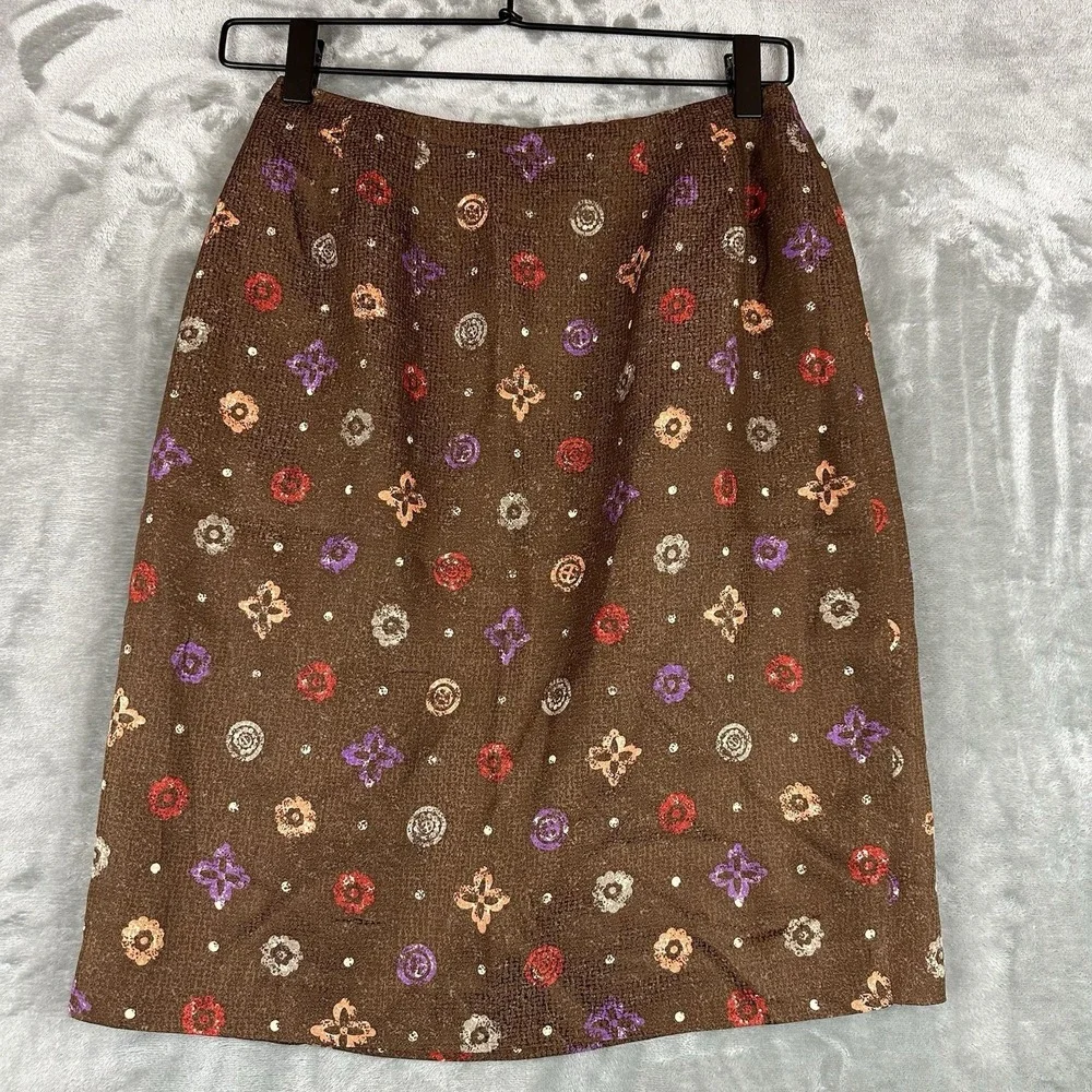 VTG Anne Klein II Silk Wrap Skirt Women's 6 Petite Brown w/ Multicolor Geometric - Picture 8 of 8